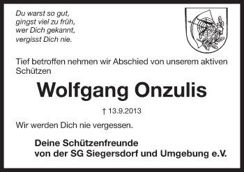 Traueranzeige von Wolfgang Onzulis von Pegnitz-Zeitung